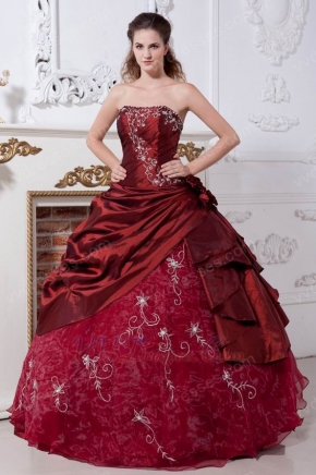 Burgundy Taffeta Prom Ball Gown With Embroidery Emberllishments