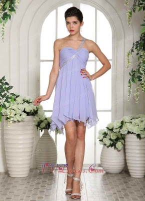 Summer One Shoulder Knee Length Chiffon Lavender Dress For Bridesmaid Group