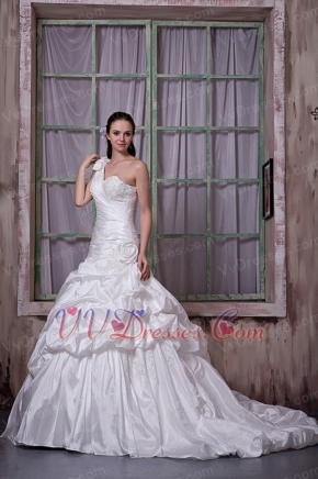 Bubble Details Skirt One Shoulder Luxurious Wedding Dress Off-White Low Price