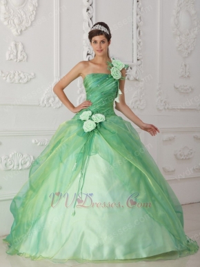 Single Shoulder Apple Green Prom Gown With Hand Made Flowers