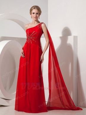 One Shoulder Watteau Dark Red Chiffon Celebrity Prom Dress