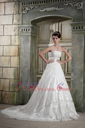 Cheap Strapless Chapel Train Lace Wedding Dress Custom Made Low Price