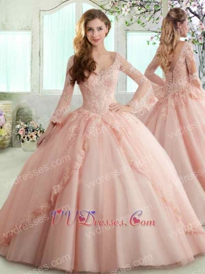 Hot Sell Blush Floor Length Split Quince Event Wear With Pagoda Long Sleeves