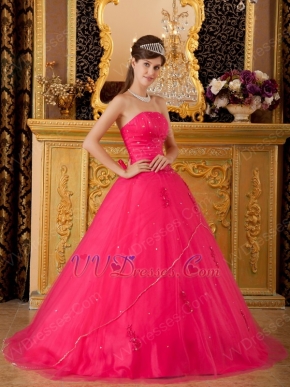 Girls In Deep Pink Quinceanera Dress With Crystals Decorate