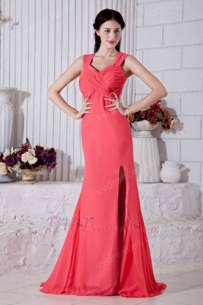 Noble Straps Criss-Cross Ruched Watermelon Prom Dress With Split