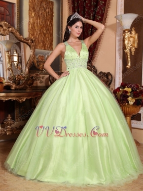 Straps V Neckline Yellow Green Open Back Quinceanera Dress