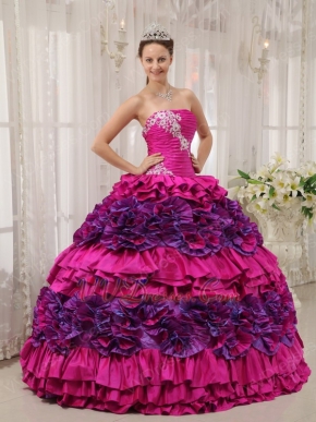 2014 Strapless Fuchsia Quince Dress Skirt With Rolled Flowers