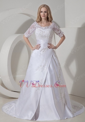 Modest Scoop Neck 1/2 Long Sleeves Lace Applique Wedding Dress