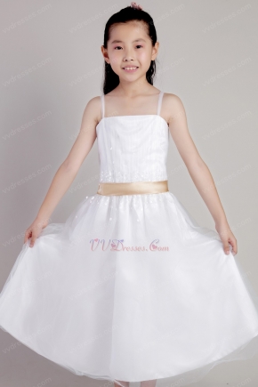 Spaghetti Straps White Tulle Sequined Little Girl Dress With Belt