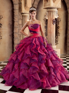 Cascade Fuchsia And Purple Skirt Quinceanera Strapless Dress