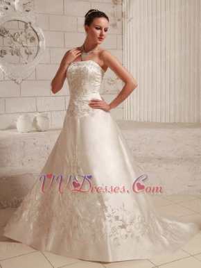 Satin Embroidery Over Bodice A-line Wedding Dress With Court Train Low Price