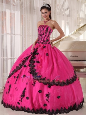 Strapless Fuchsia Sweet 16 Quinceanera Gown With Black Applique