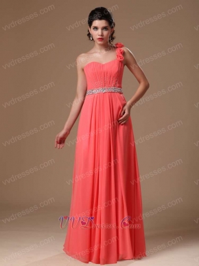 One Shoulder Coral Chiffon Party Dress With Hand Made Flowers