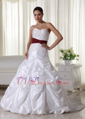 White Chapel Train Wedding Dress With Wine Red Belt Low Price