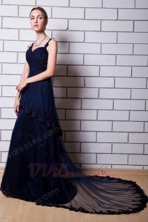 Spaghetti Straps Layers Skirt Navy Blue Formal Dress