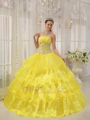 Bright Canary Yellow Cascade Layers Princess Quinceanera Gown