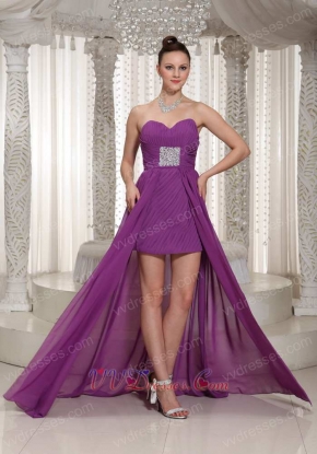 Ruching Purple Chiffon Prom Dress High-low Flowing Cloak From Waist