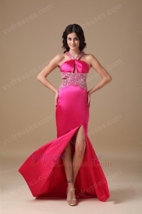 Sexy Halter Backless Fuchsia Top Evening Dress With Side Split