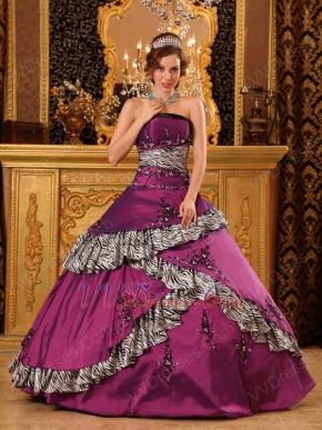 Dark Magenta And Printed Zebra Layers Skirt Quinceanera Gown