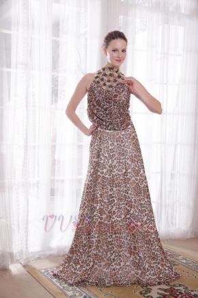 Sexy High-neck Leopard Printed Chiffon 2014 Prom Dress Discount