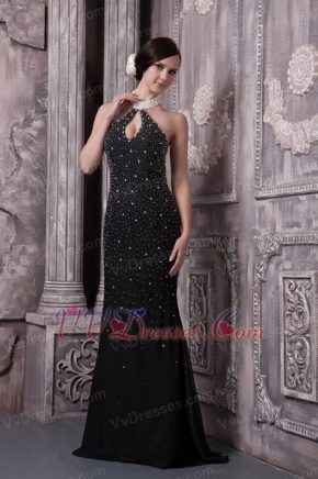 Black Halter Sexy Chiffon Prom Dress With Full Beading Inexpensive