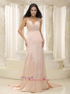 Pearl Pink Elastic Woven Satin Pageant Evening Dress Show Back