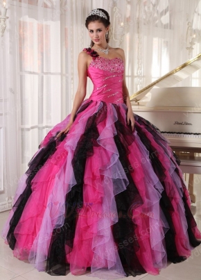 Single One Shoulder Ruffles Skirt Contrast Color Quinceanera Dress