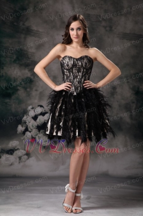 Black Sweetheart Short Prom Dress Made By Lace And Feather Knee Length Sexy