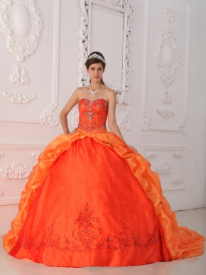 Orange Embroidered Bottom Quinceanera Gown With Chapel Train