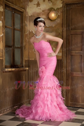 Mermaid Hot Pink Organza Ruffles Prom Dress With Hand Made Flower Inexpensive