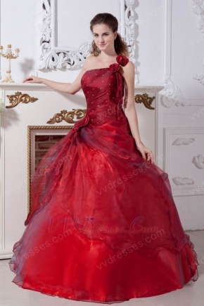 Unique Flowers One Shoulder Burgundy Dress To Winter Quinceanera