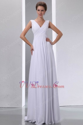 Formal V-neck Floor Length White Chiffon Prom Party Dress