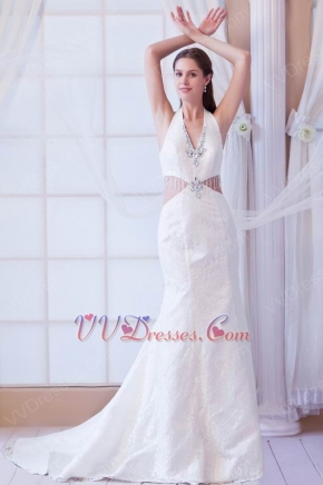 Hottest Halter Mermaid Silhouette Ivory Lace Bridal Gown Petite