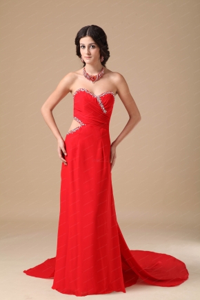 Normal Red Chiffon Split Prom Dance Dress With Panel Train