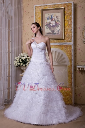 One Shoulder Puffy Affordable Bridal Dress Sample Sale Low Price