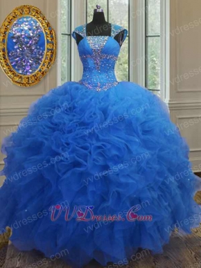 Square Cover Shoulder Royal Blue Quinceanera Event Gown Heart Shaped Cut-Out Back