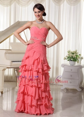 Watermelon Layered Ruffles Prom Dress For Young Lady Inexpensive