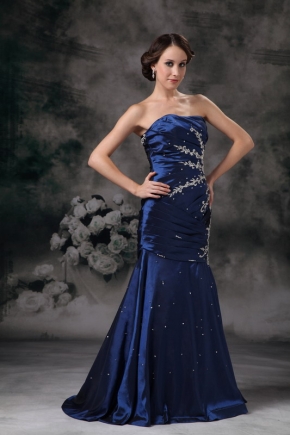 Navy Blue Lace Up Side Applique Mermaid Evening Dress