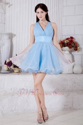 Discount V-Neck Cross Back A-line Baby Blue Short Prom Dress