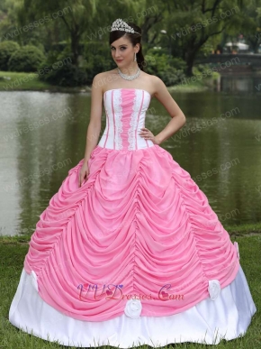 White Court Ball Gown With Rose Pink Chiffon Pick-ups Priscillas Design
