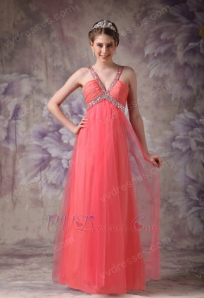 Cheap V-neck Watermelon Chiffon Dress For 2014 Prom Wear