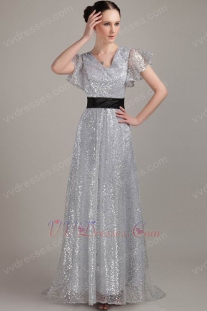 Short Sleeves Silver Sequin Fabric Mother of the Bride Dress