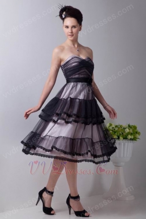 Tea Length Layers Skirt Black Evening Dress With Lace