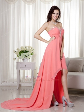 Cheap Watermelon High-low Prom Dress Made By Chiffon