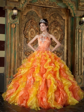 Yellow And Orange Contrast Cascade Skirt Quinceanera Ball Dress