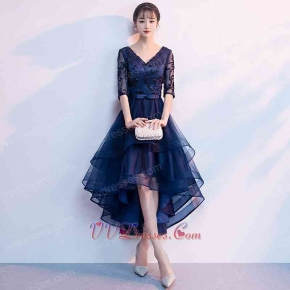 V neck Lace Cocktail Navy High Low Dance Dress With Half Transparent Sleeve