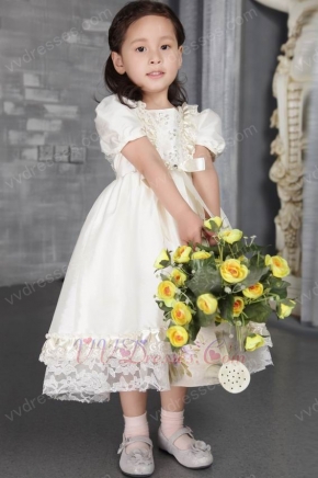 Off White A-line Scoop Tea-length Taffeta Beading Flower Girl Dress