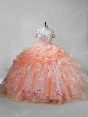 Dual Straps Bluging and Ruffles Puffy Skirt Peach Organza Teenage Quinceanera Ball Gown