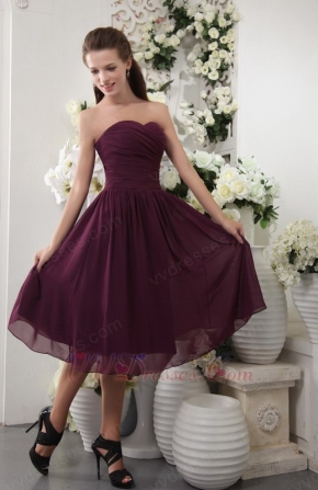 Purple Sweetheart Tea-length Chiffon Bridesmaid Dress