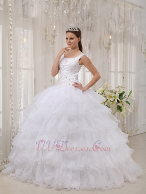 Square Neckline Cascade Ball Gown White Quinceanera Dress